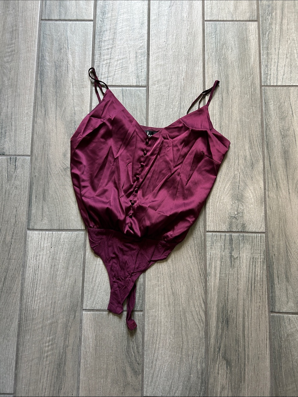 Lulu's Deep Wine Satin Button-Front Bodysuit
